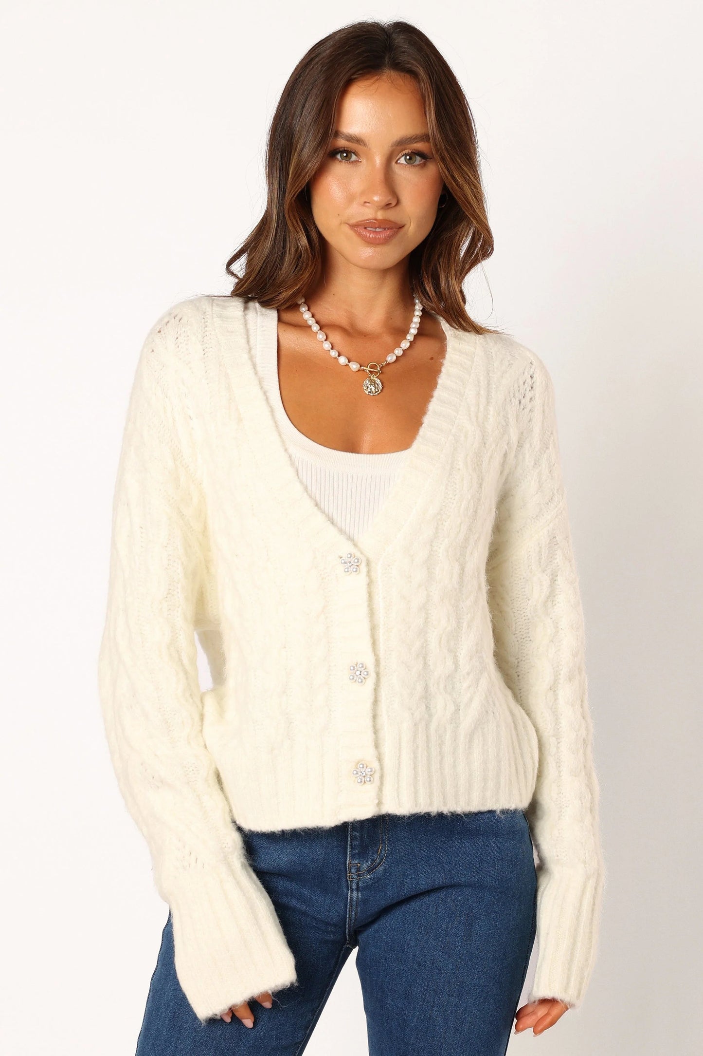 Cropped Flower-Button Knit Cardigan