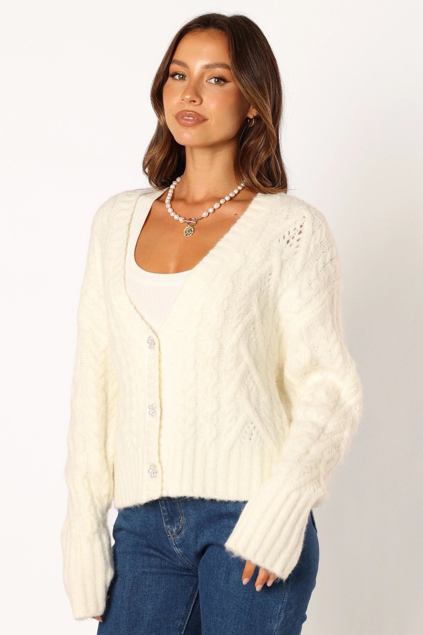 Cropped Flower-Button Knit Cardigan