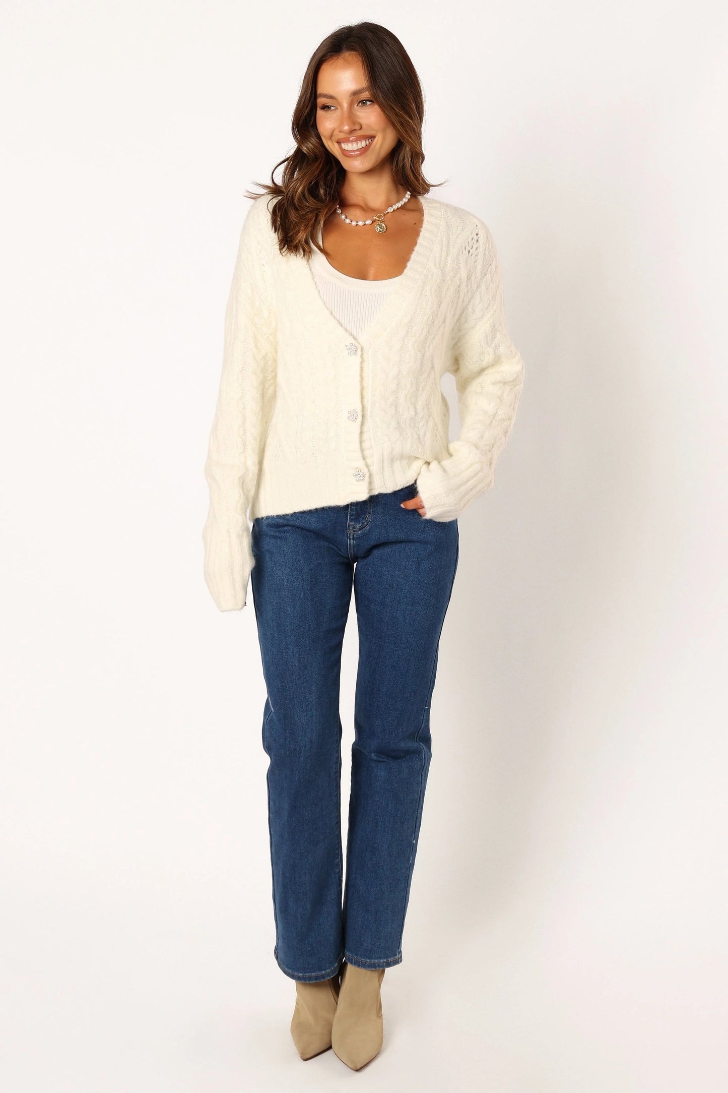 Cropped Flower-Button Knit Cardigan
