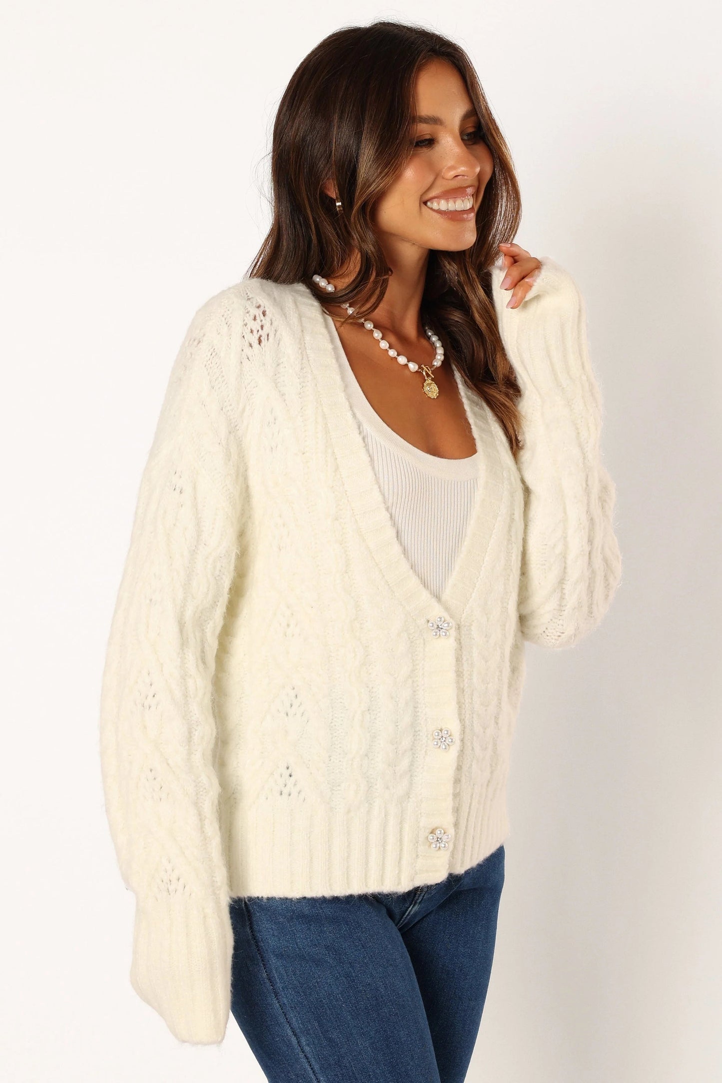 Cropped Flower-Button Knit Cardigan