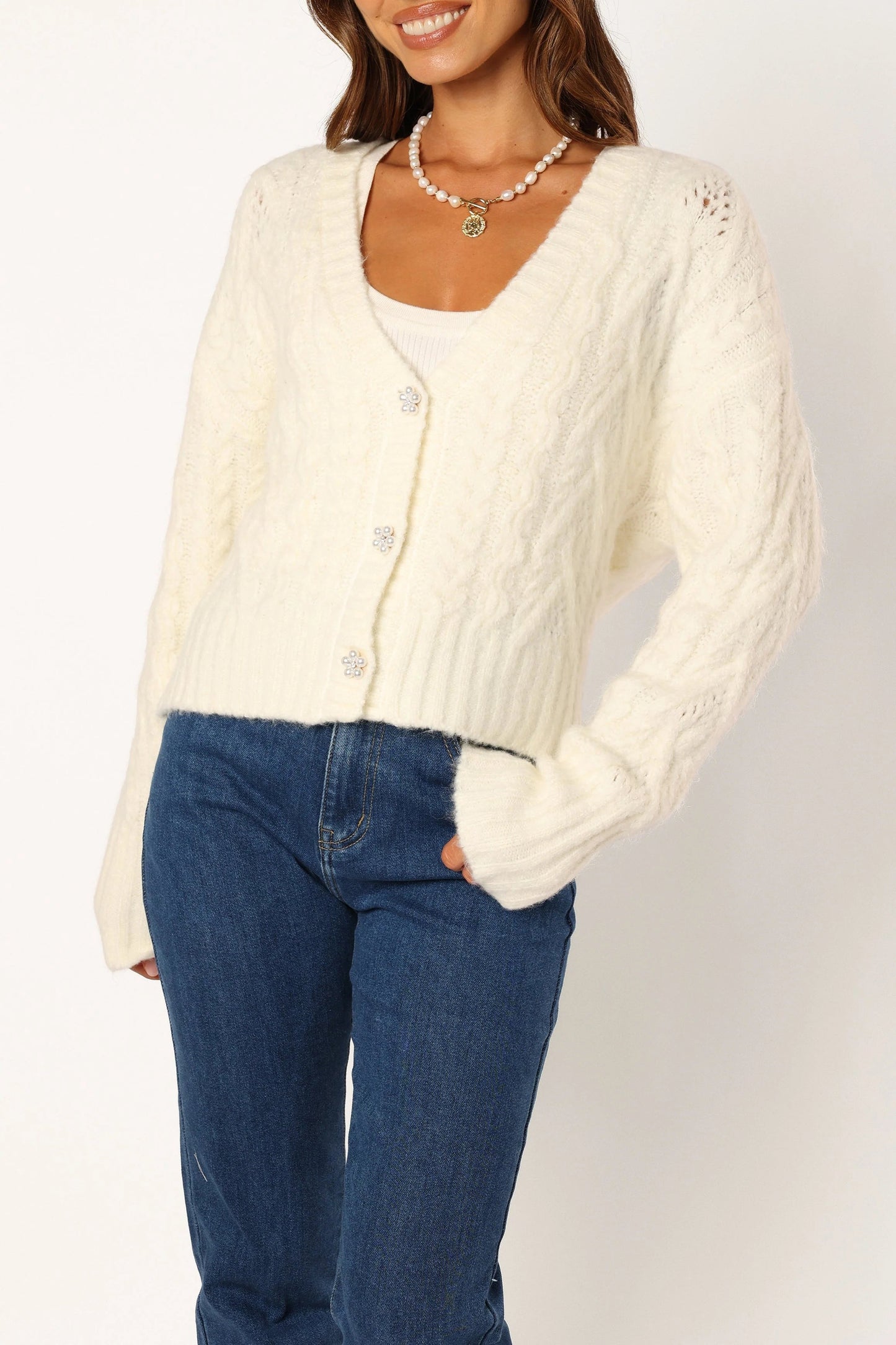 Cropped Flower-Button Knit Cardigan