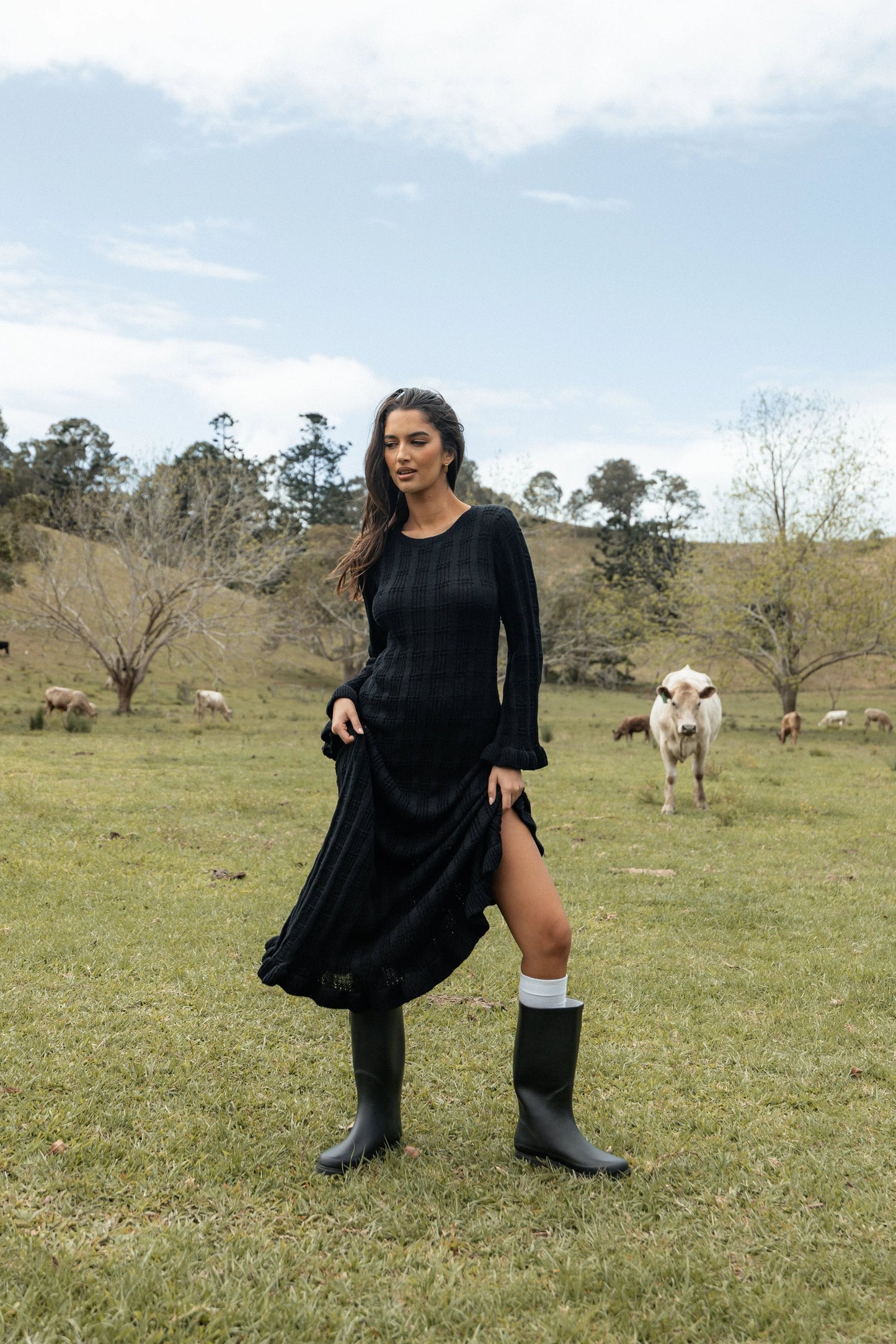 Frill-Cuff Knit Maxi Dress
