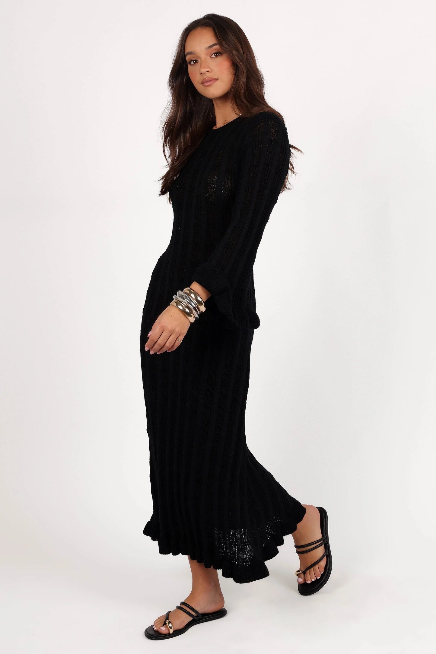 Frill-Cuff Knit Maxi Dress