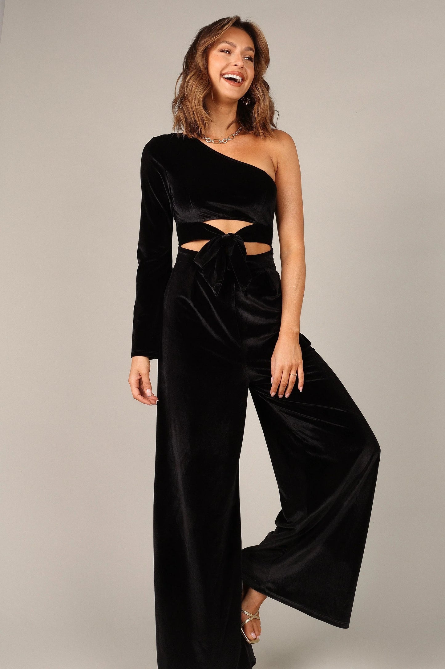 One-Shoulder Velvet Jumpsuit