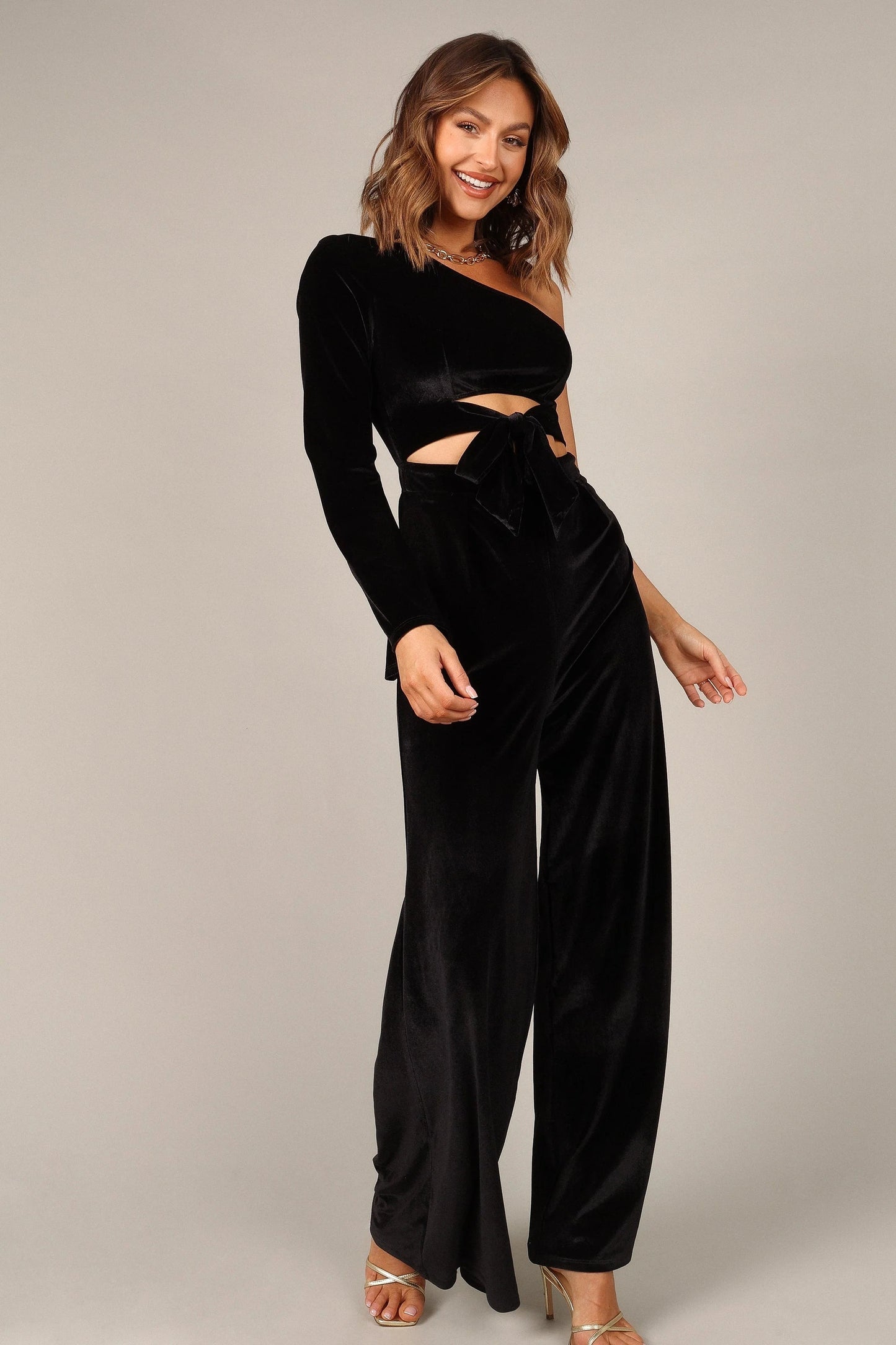 One-Shoulder Velvet Jumpsuit