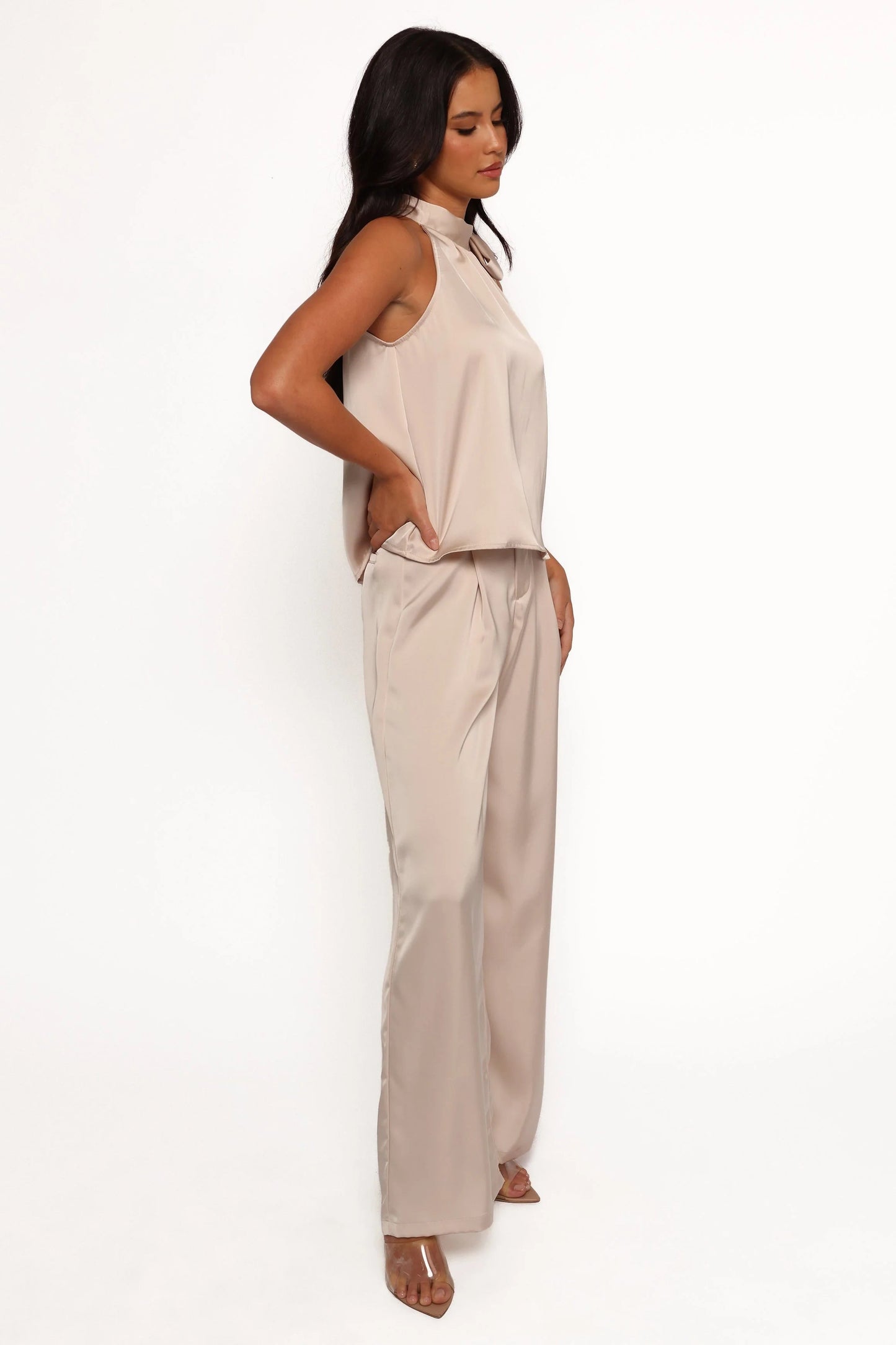 Pleated Satin Wide-Leg Pants