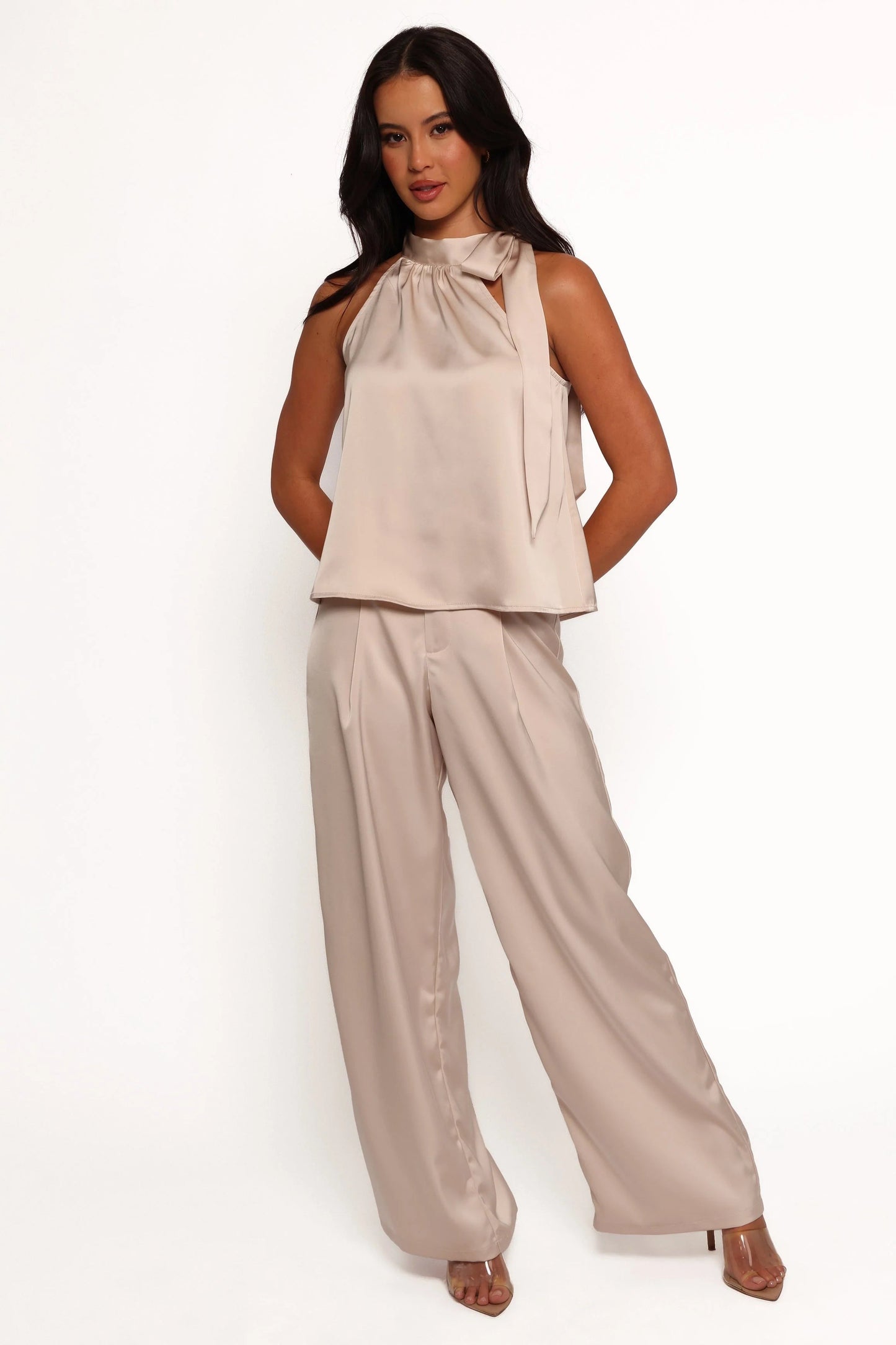 Pleated Satin Wide-Leg Pants