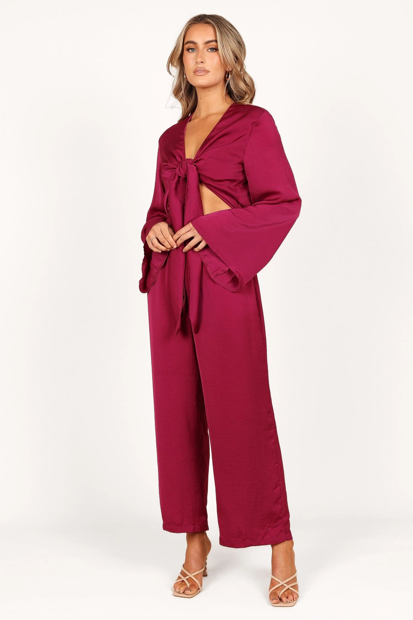 Satin Sheen V-Neck Tie-Waist Cutout Jumpsuit