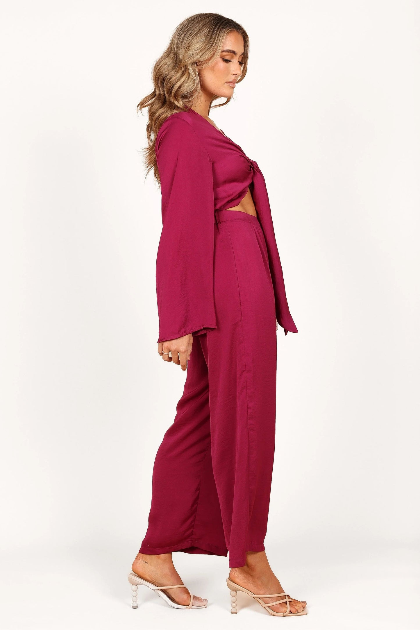Satin Sheen V-Neck Tie-Waist Cutout Jumpsuit