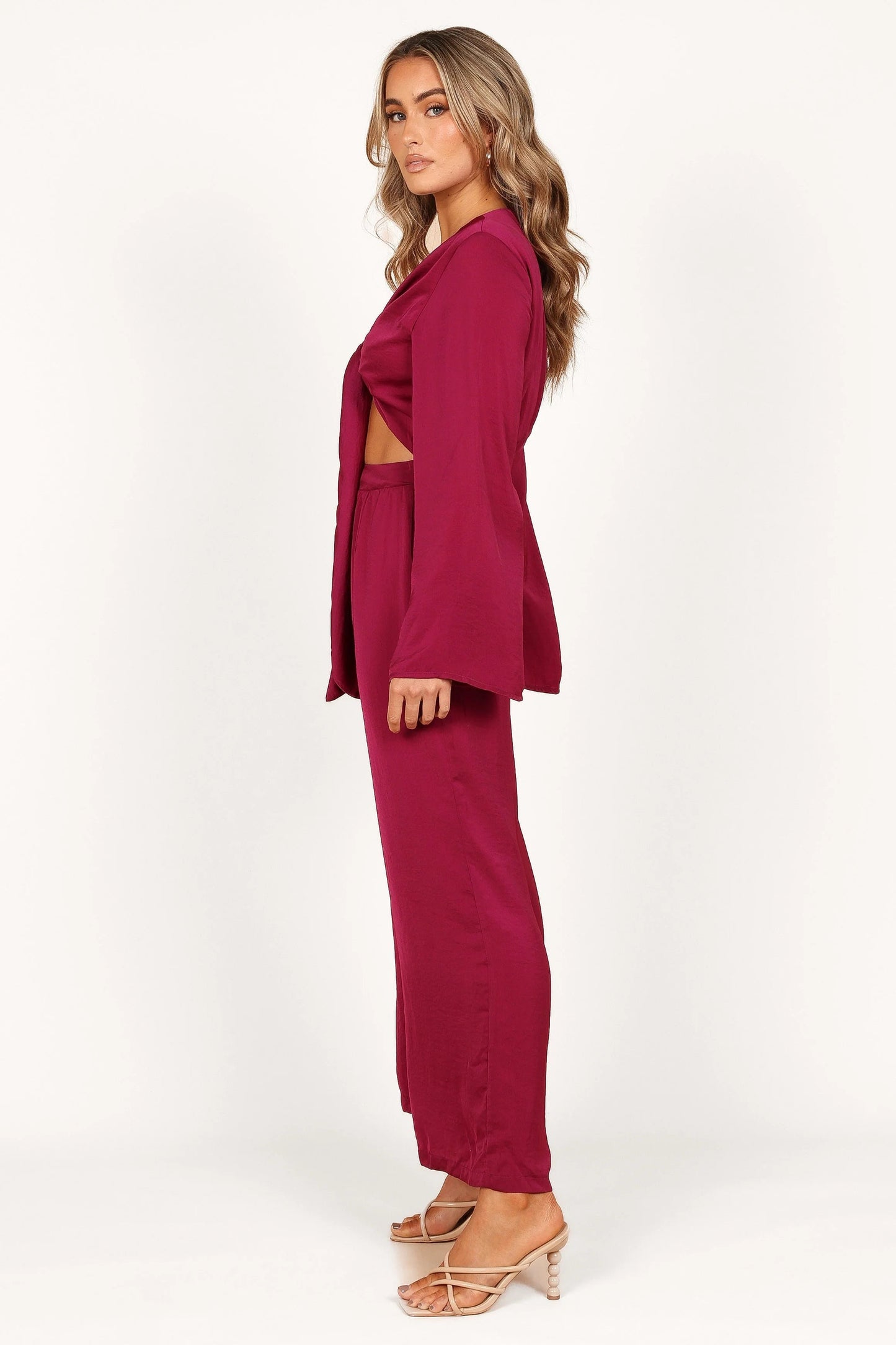Satin Sheen V-Neck Tie-Waist Cutout Jumpsuit