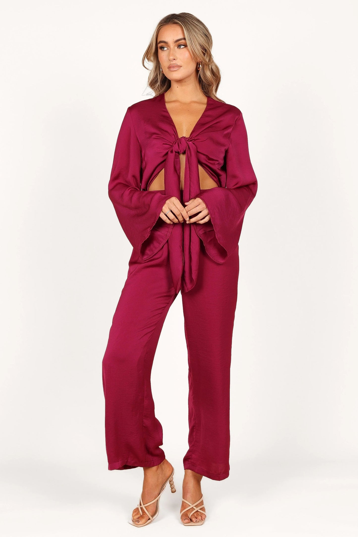Satin Sheen V-Neck Tie-Waist Cutout Jumpsuit