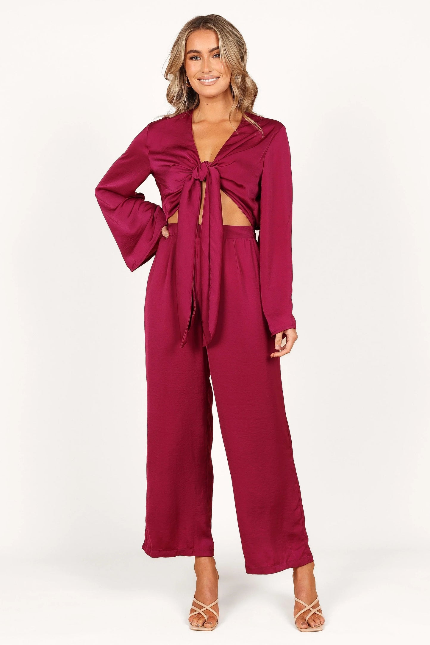 Satin Sheen V-Neck Tie-Waist Cutout Jumpsuit