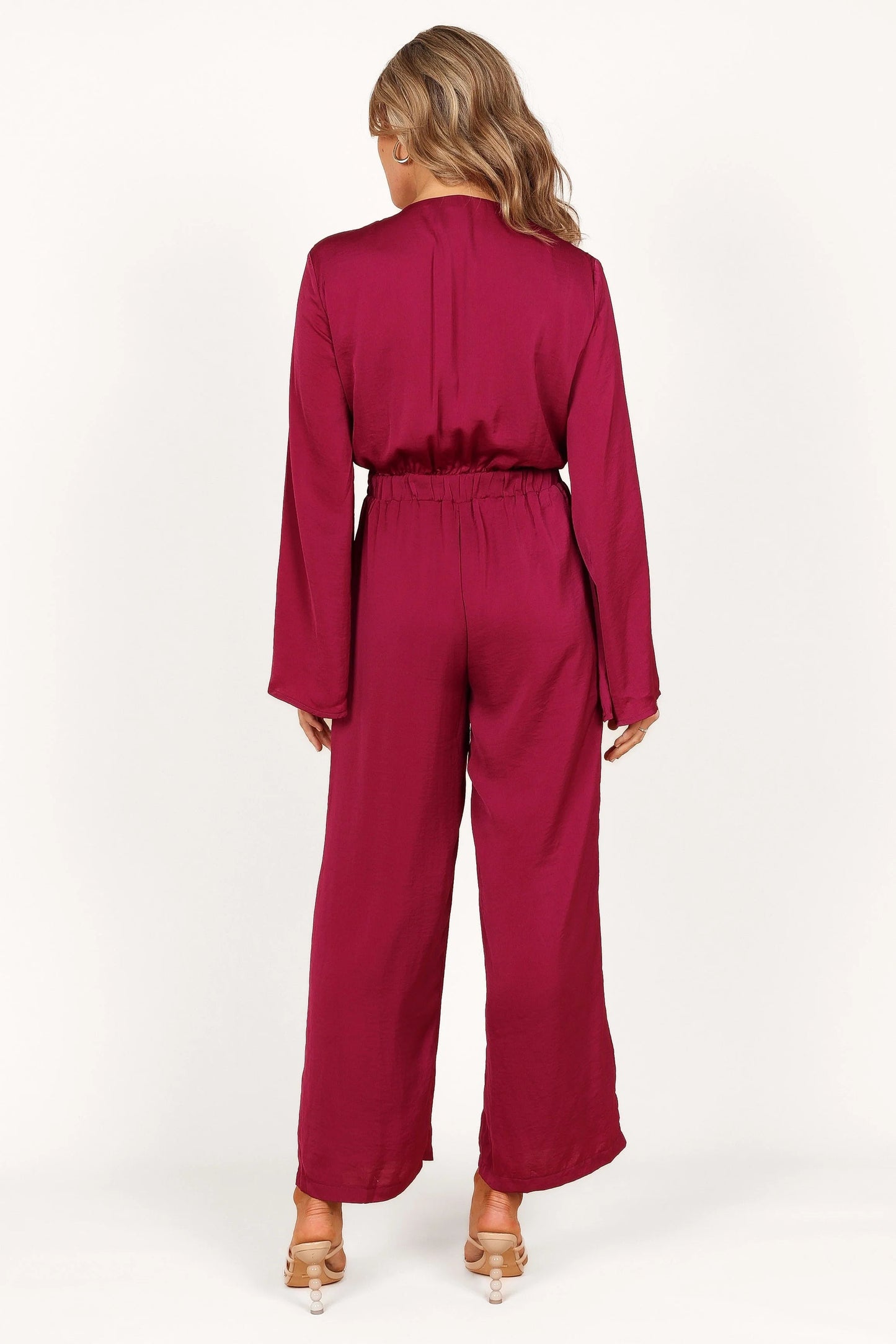 Satin Sheen V-Neck Tie-Waist Cutout Jumpsuit
