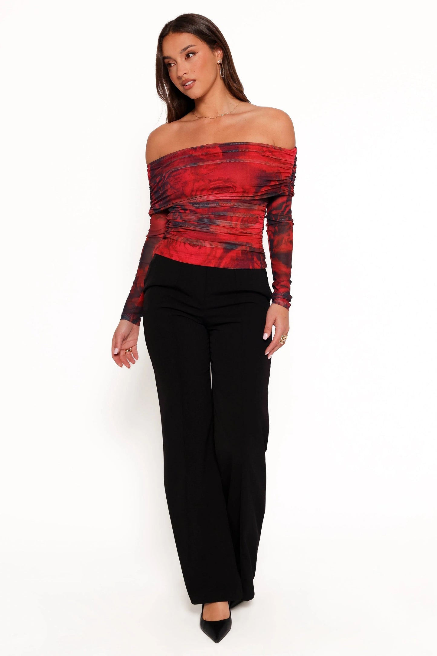 Sheer-Sleeve Off-Shoulder Crop Top