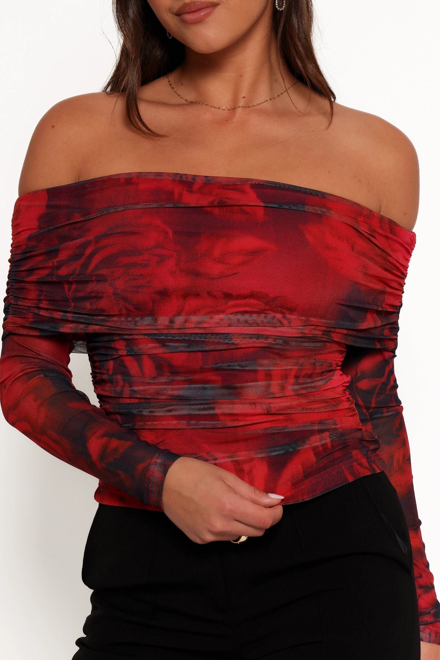 Sheer-Sleeve Off-Shoulder Crop Top