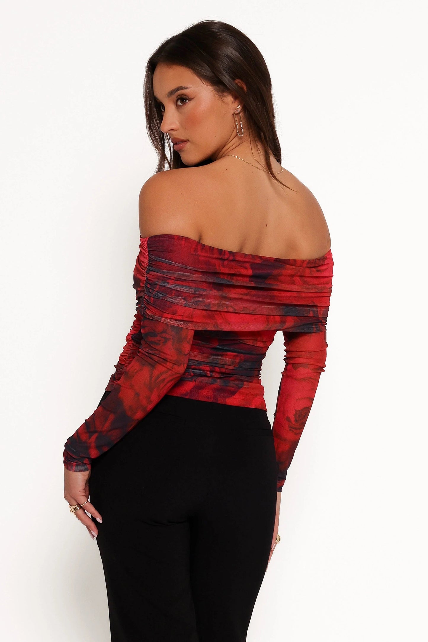 Sheer-Sleeve Off-Shoulder Crop Top