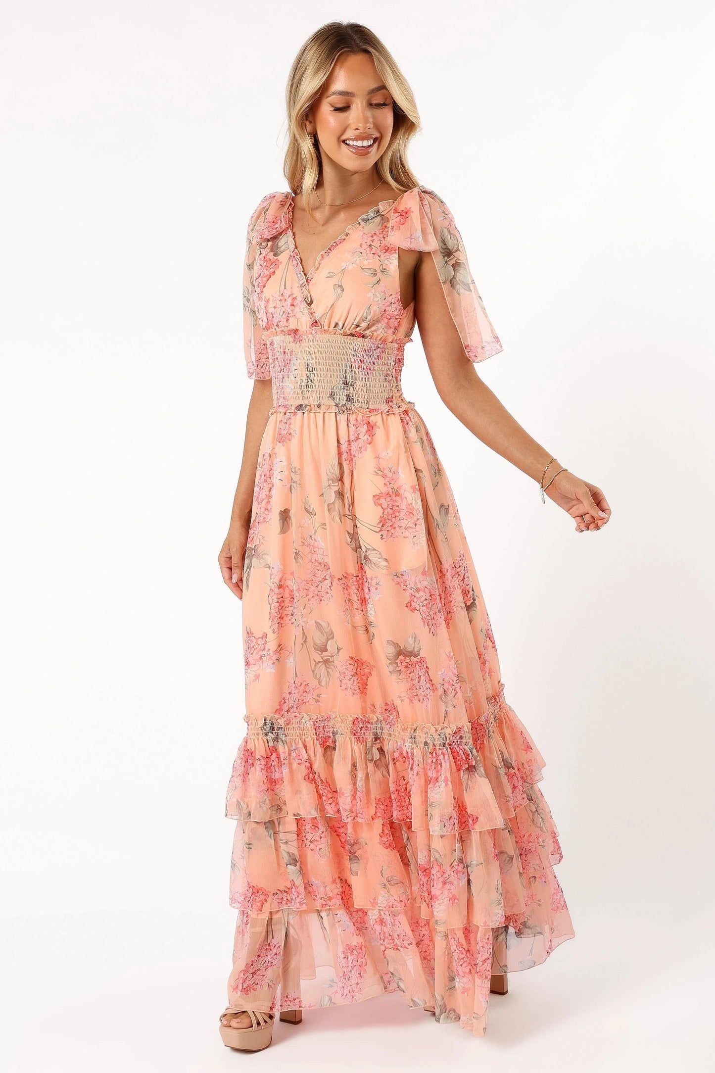 Shirred Ruffle Tier Maxi Dress