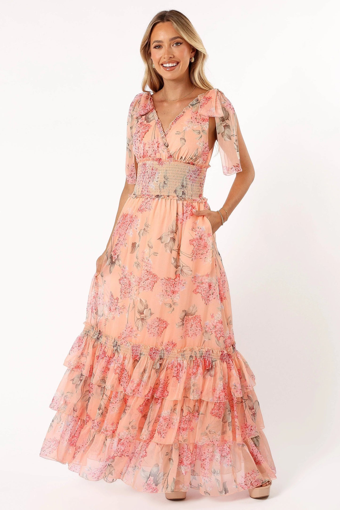 Shirred Ruffle Tier Maxi Dress