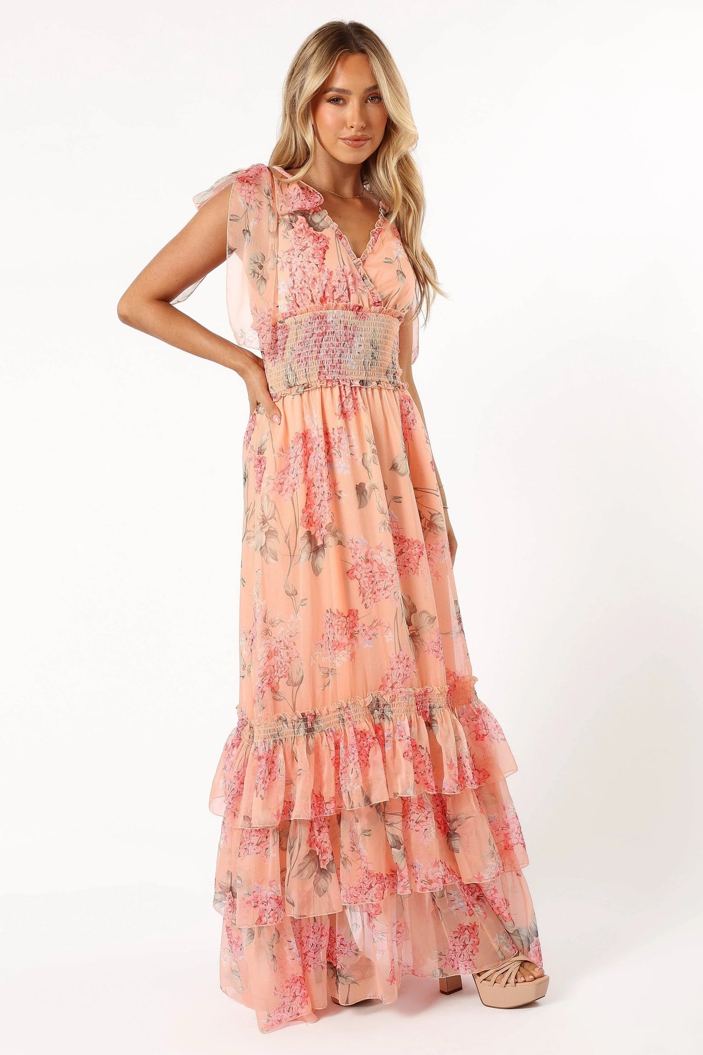 Shirred Ruffle Tier Maxi Dress