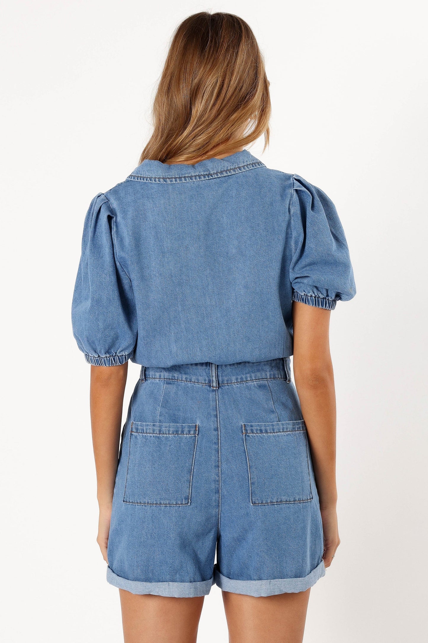 Spread-Collar Denim Romper