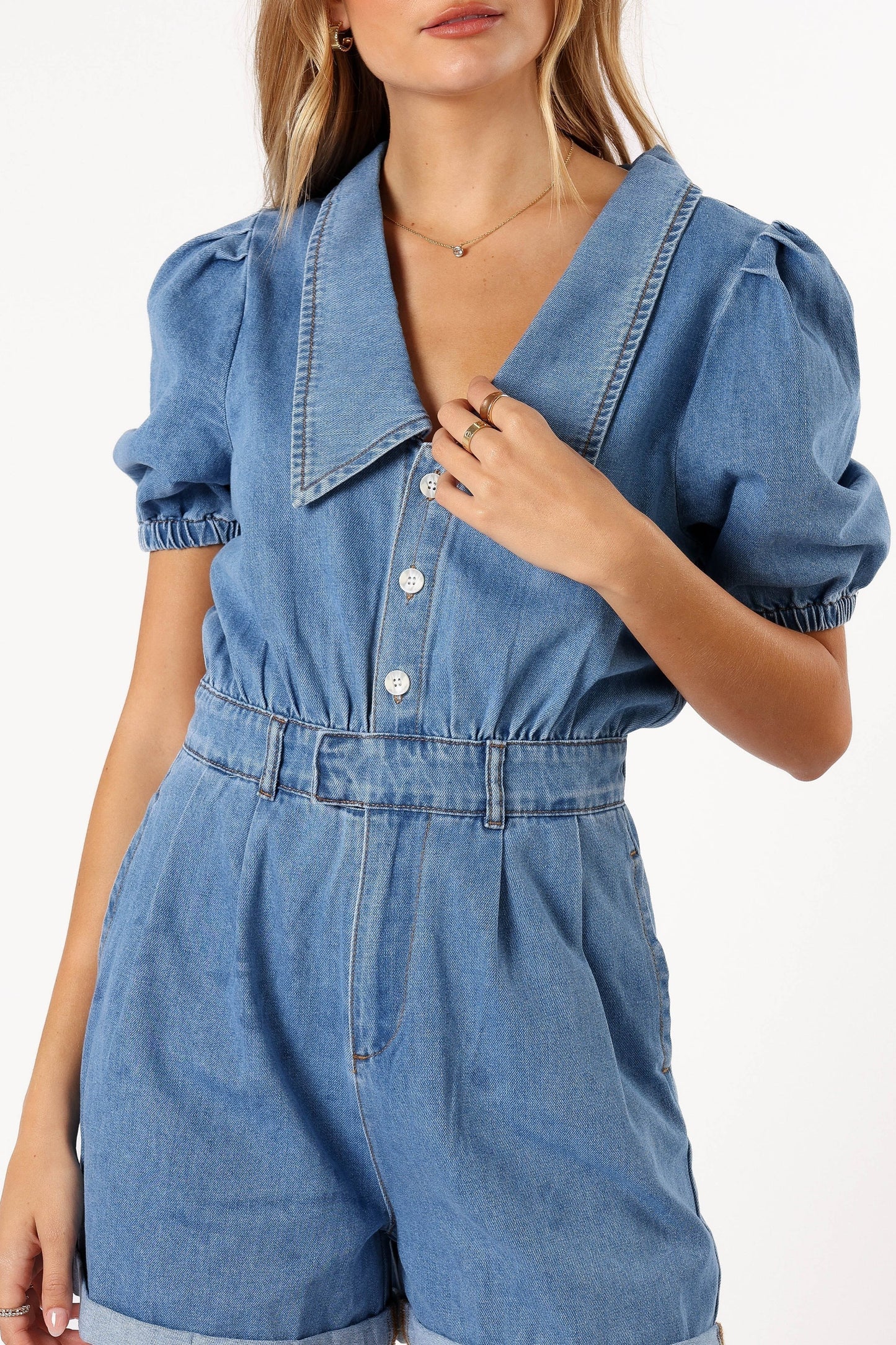 Spread-Collar Denim Romper