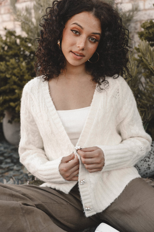 Cropped Flower-Button Knit Cardigan