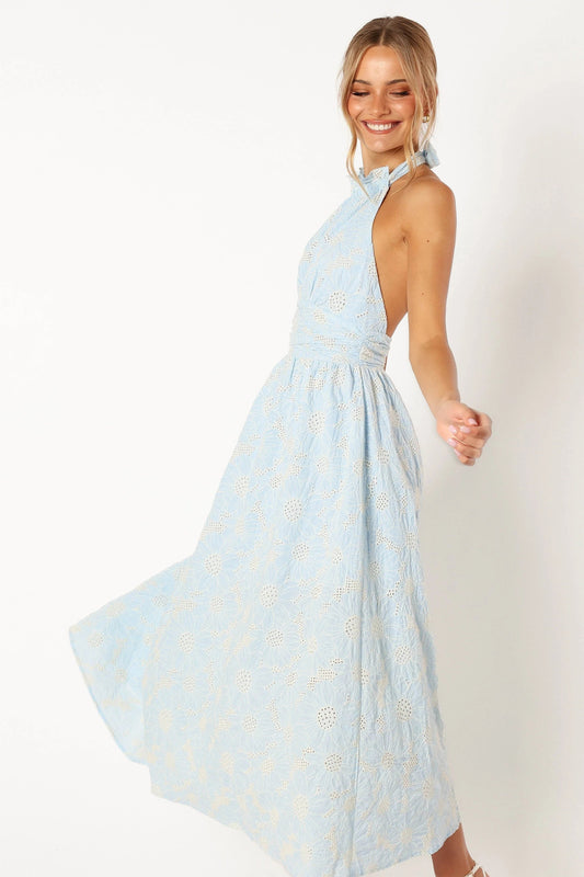 Embroidered Halter A-Line Midi Dress