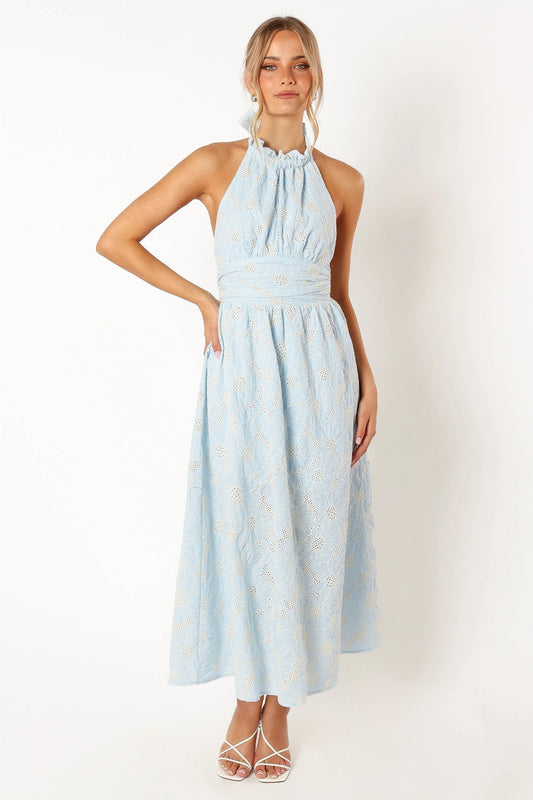 Embroidered Halter A-Line Midi Dress