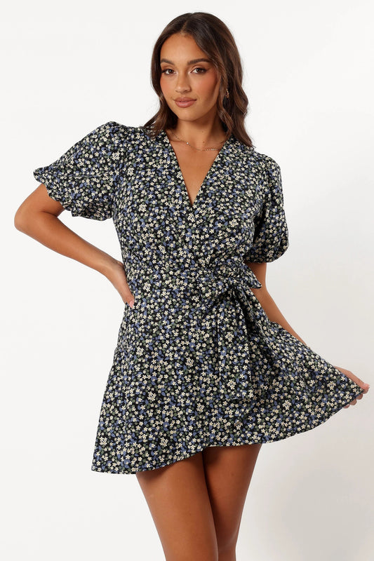 Indigo Floral Wrap Mini Dress