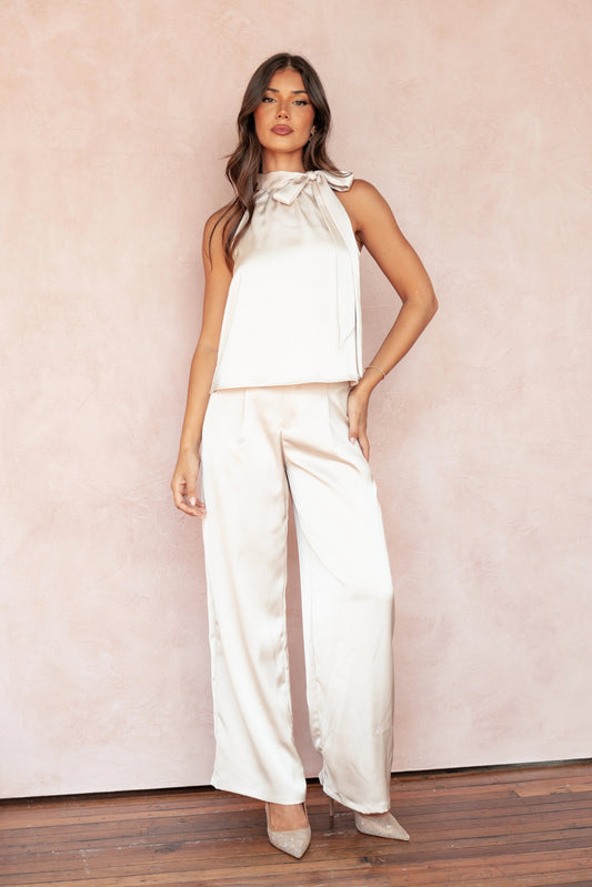 Pleated Satin Wide-Leg Pants