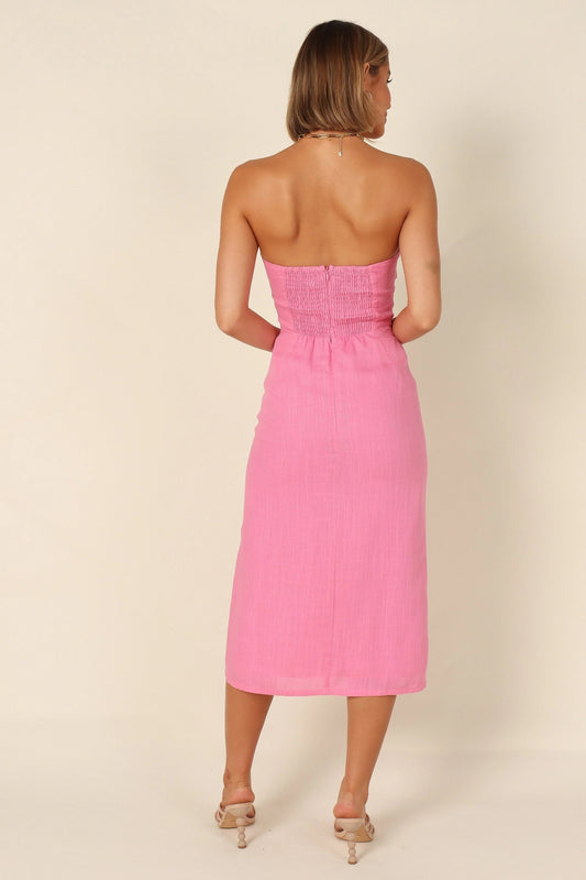 Shirred-Back Strapless Midi Dress