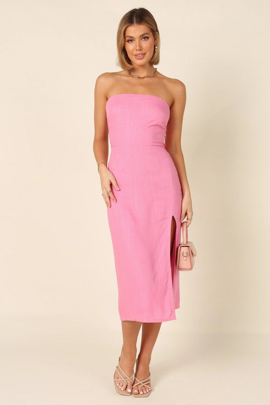 Shirred-Back Strapless Midi Dress